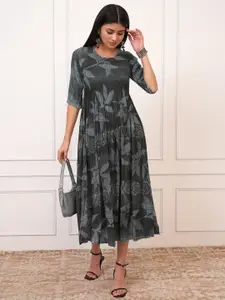 Vishudh Grey Printed A-Line Midi Dress