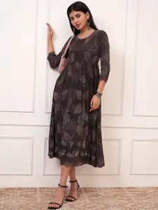 Vishudh Burgundy Ethnic Motifs Printed A-Line Midi Dress