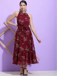 SQew Floral Printed Georgette Maxi Midi Dress