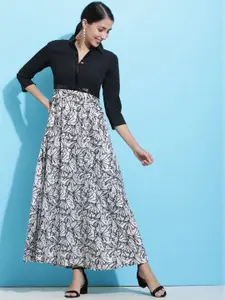SQew Abstract Printed Shirt Collar Maxi Dress