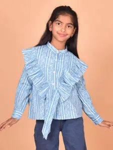 BAESD Girls Relaxed Striped Mandarin Collar Sul Sleeves Ruffles Casual Shirt