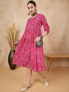 Anouk Pink Bandhani Printed Pure Cotton Fit and Flare Ethnic Dress
