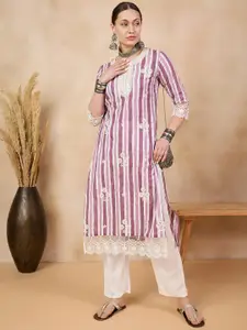 Anouk Striped Pure Cotton Thread Work Straight Kurta