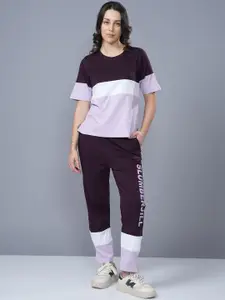 Slumber Jill Colorblocked Pure Cotton Round Neck T-Shirt & Flared Trouser Co-Ords