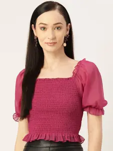 Slenor Puff Sleeve Square Neck Regular Crop Top