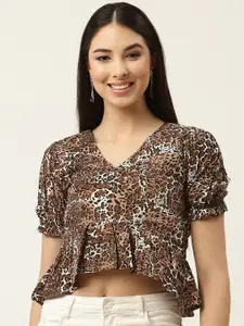 Slenor Animal Printed Crepe Peplum Crop Top