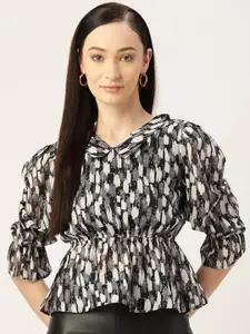 Slenor Animal Printed Puff Sleeve Georgette Cinched Waist Top