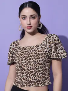Slenor Animal Printed Puff Sleeve Georgette Crop Top