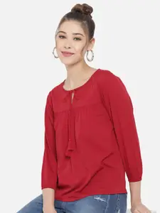 Slenor Round Neck Puff Sleeves Tie-Up Top