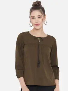 Slenor Round Neck Puff Sleeves Tie-Up Top