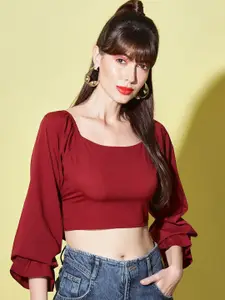 Slenor Square Neck Puff Sleeves Crop Top