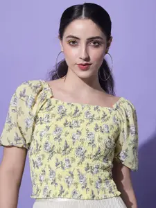 Slenor Floral Printed Square Neck Puff Sleeves Crop Fitted Top