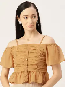 Slenor Yellow Off-shoulder Crop Bardot Top with Flared Sleeves