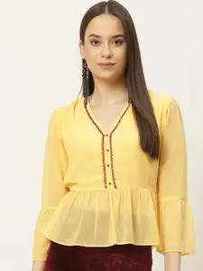 Slenor V Neck Bell Sleeve Georgette Peplum Top