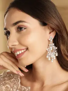 Rubans Rhodium Plated AD Studded Chandelier Earrings with Pearl Drops