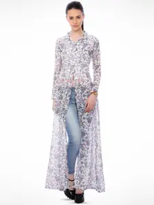 MINOS Floral Print Shirt Collar Semi Sheer Maxi Longline Top
