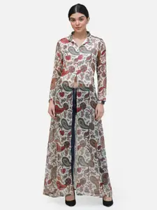 MINOS Floral Print Mandarin Collar Chiffon Maxi Longline Top