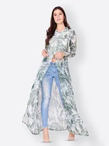 MINOS Floral Print Mandarin Collar Chiffon Maxi Longline Top