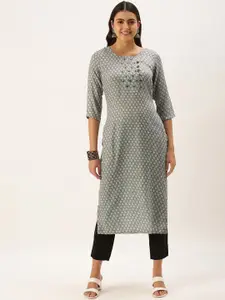 HRITIKA Floral Printed Thread Work Indie Prints Straight Kurta