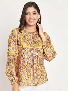 CHARMGAL Print Tie-Up Neck Long Cuffed Sleeves Top