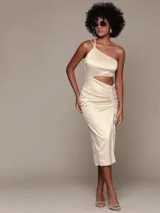 bebe One Shoulder Ruched Satin Sheath Midi Dress