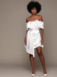 bebe Off-Shoulder Satin A-Line Mini Dress