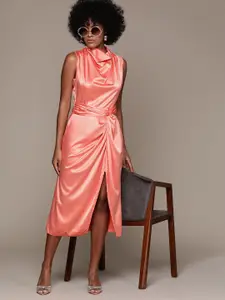 bebe Future Glam Satin Finish High Slit Midi Dress