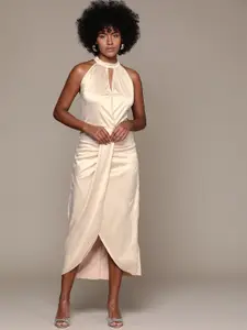 bebe Future Glam Halter Neck Satin A-Line Midi Dress