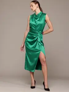 bebe Future Glam Tie-Up Satin Finish Slit Midi Sheath Dress