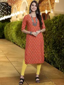 7Threads Ethnic Motifs Printed Round Neck Crepe Straight Kurta