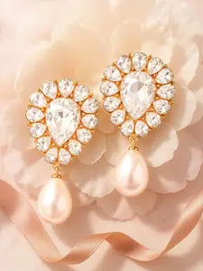 Rubans Gold-Plated Cubic Zirconia Studded Teardrop Shaped Drop Earrings