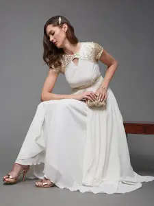 Miss Chase Women Embellished Layered Keyhole Neck Georgette Maxi Dress