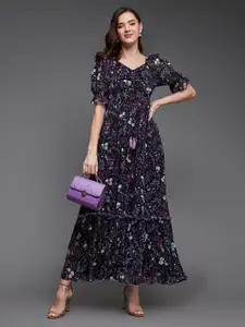 Miss Chase Floral Print Puff Sleeve Georgette Maxi Dress