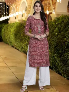 7Threads Floral Printed Round Neck Straight Kurta