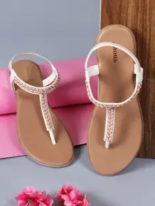 Anouk White Embellished Open Toe T-Strap Flats