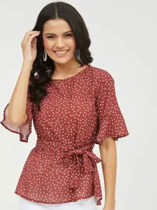 Fab Star round Neck Bell Sleeve Cinched Waist Top