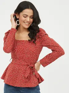Fab Star Floral Print Puff Sleeve Cinched Waist Top