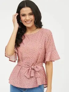 Fab Star round Neck Bell Sleeve Cinched Waist Top