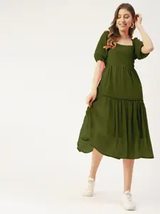 Moomaya Square Neck Puff Sleeve Georgette Tiered A-Line Dress