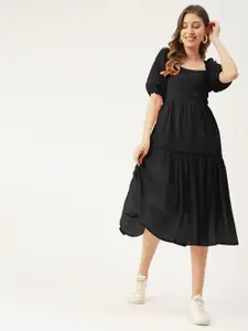 Moomaya Puff Sleeves Tiered Georgette Fit & Flare Midi Dress