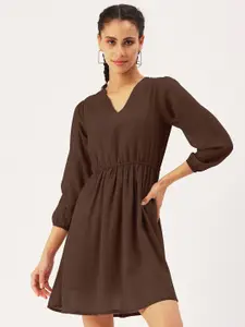 DressBerry Brown Puff Sleeve Georgette Fit & Flare Dress