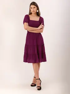 DressBerry Magenta Cuffed Sleeves Smocked Tiered Georgette Fit & Flare Dress