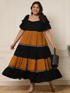 DEEBACO Plus Size Square Neck Colourblocked Puff Sleeve Maxi Dress