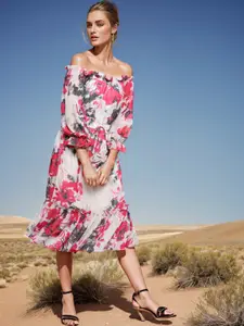 RARE White & Pink Floral Printed Off-Shoulder Puff Sleeve Blouson Midi Dress