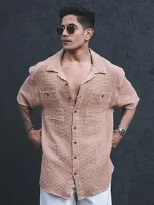 Powerlook India Slim Camel Brown Opaque Checked Cotton Oversized Casual Shirt