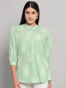 HANDICRAFT PALACE Print Mandarin Collar Ethnic Cotton Shirt Style Top