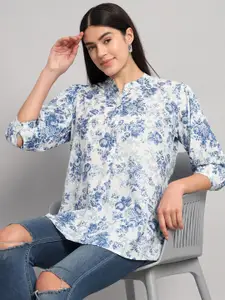HANDICRAFT PALACE Floral Print Mandarin Collar Puff Sleeve Cotton Shirt Style Top