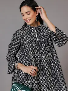 Libas Black Floral Printed Mandarin Collar Flared Sleeves Pure Cotton Empire Kurti