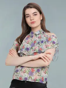 Moda Elementi Floral Print Cold-Shoulder Sheer Shirt Style Top