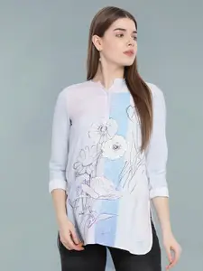 Moda Elementi Print Mandarin Collar Sheer Shirt Style Longline Top